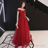 Burgundy lace tulle long prom dress, evening dress